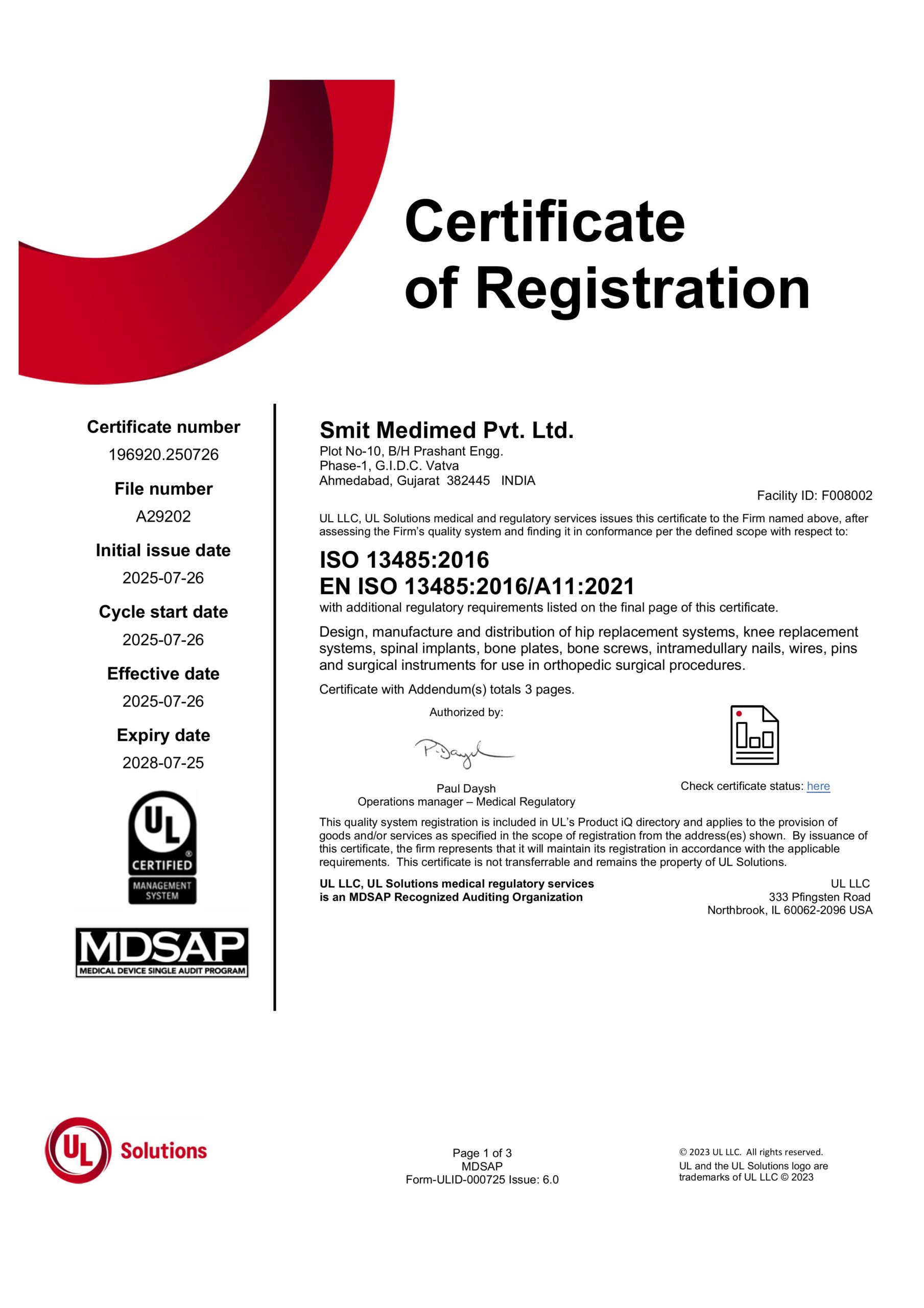 MDSAP-ISO 13485 Certificate UL